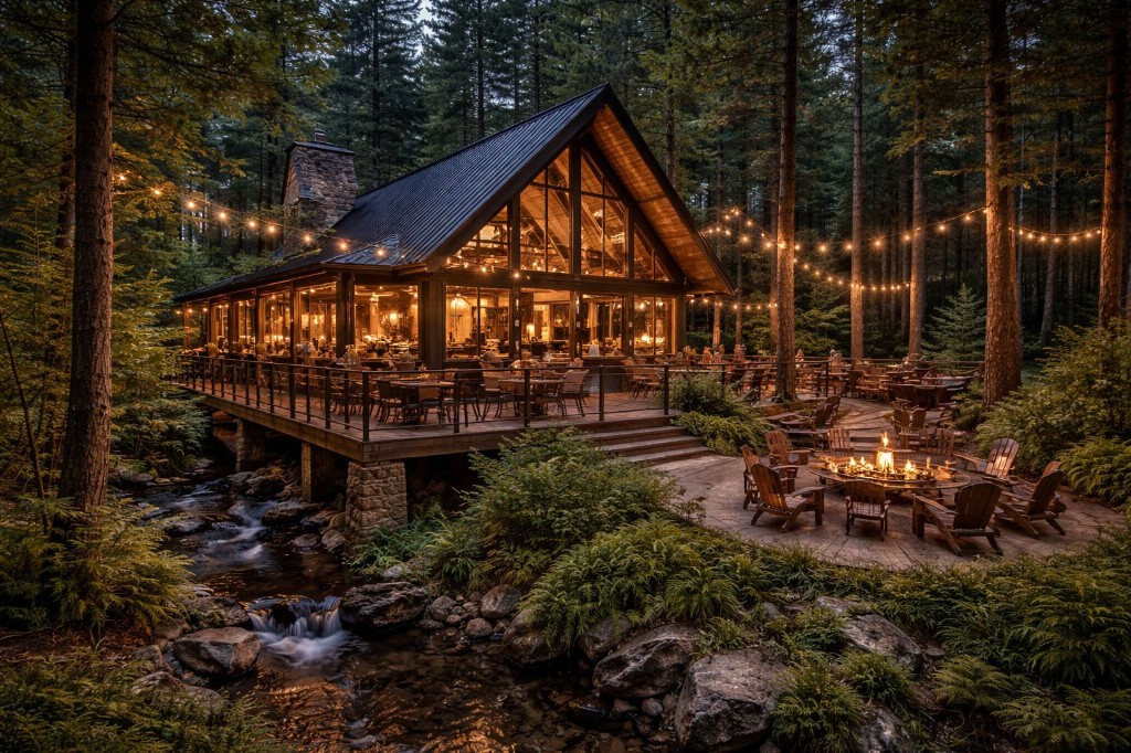 Forest lodge at twilight