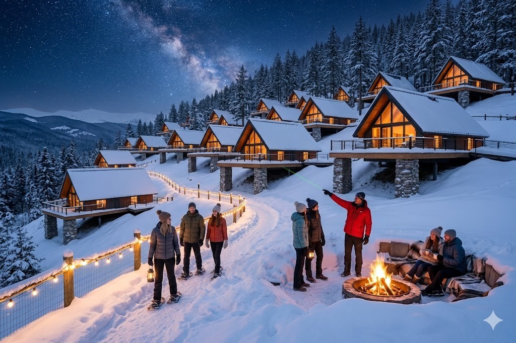 Winter at Stay in Heaven — snow-covered cabins